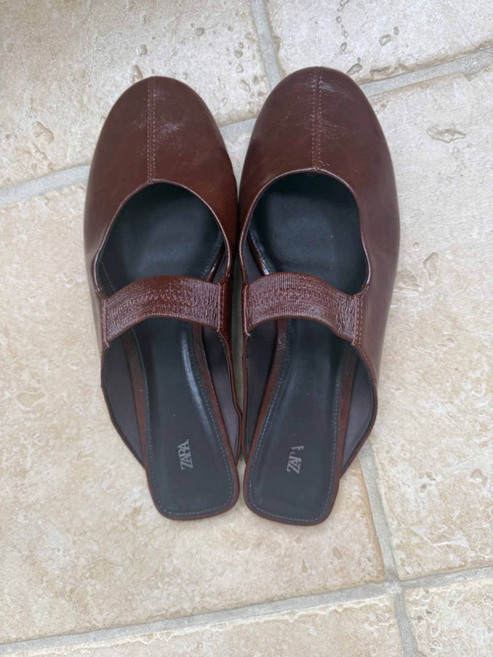 Zara Dark Brown Leather Mary Jane Mules